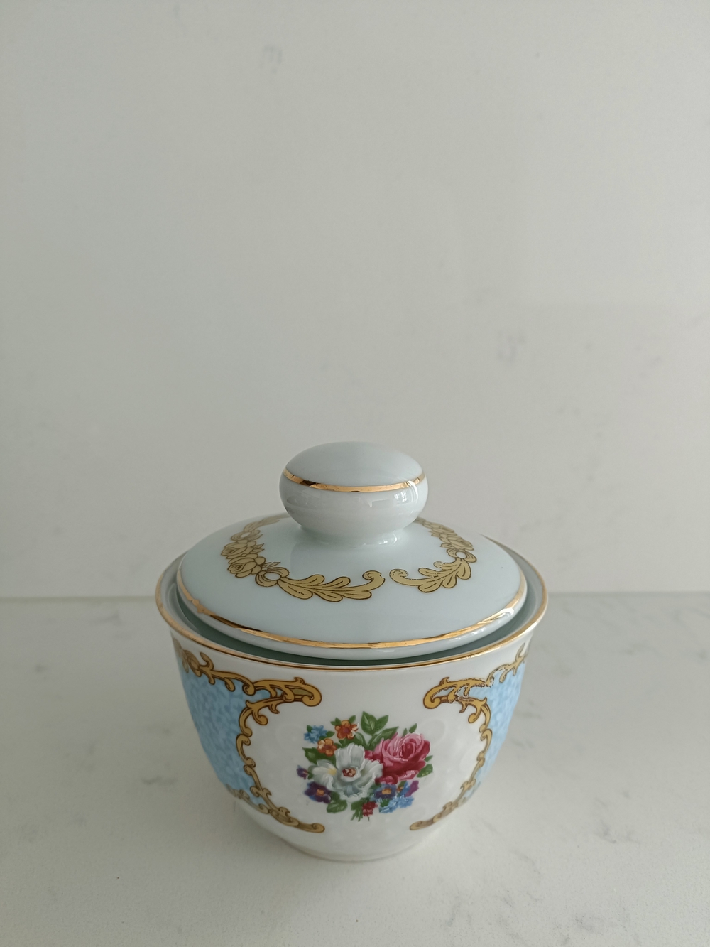Porcelain Covered Sugar Bowl with Blue and Gold Floral Design